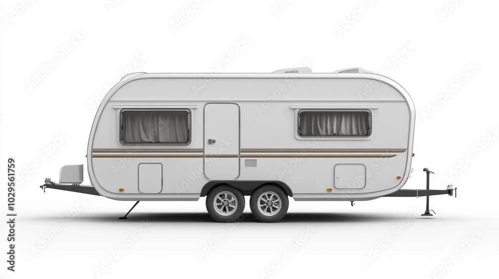 White Travel Trailer RV Camper Side View Isolated on White Background White Travel Trailer RV Camper Side View Isolated on White Background