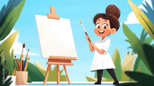 A smiling cartoon artist prepares to paint in a lush environment with a blank canvas, surrounded by art supplies, suggesting joy and artistic anticipation. photo