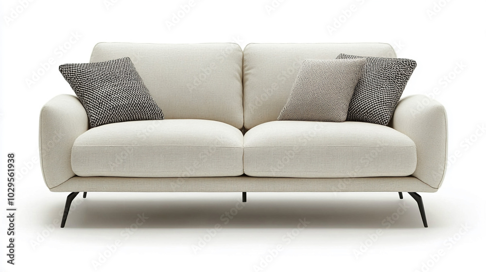 Naklejka premium Modern Cream Sofa with Black Legs and Throw Pillows