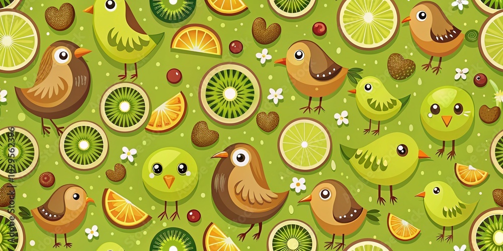 Seamless Pattern of Kiwi Fruit and Kiwi Birds in Flat Cartoon Style for Fresh and Vibrant Designs Seamless Pattern of Kiwi Fruit and Kiwi Birds in Flat Cartoon Style for Fresh and Vibrant Designs