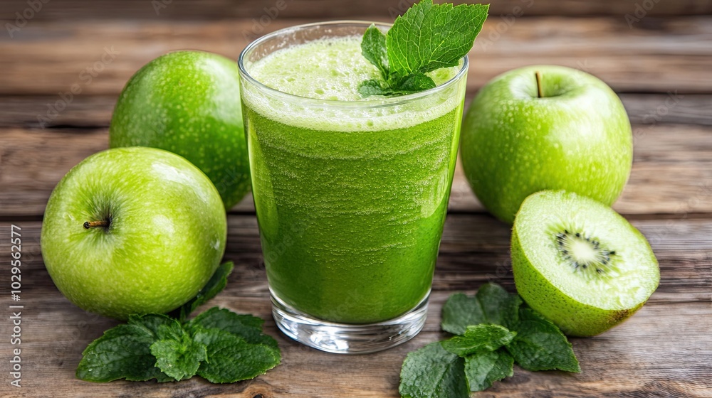 Obraz premium On the table smoothie of green color and ripe green apples are lying next to it. A useful and dietary drink prepared at home. Illustration for banner, poster, cover, brochure, advertising or marketing