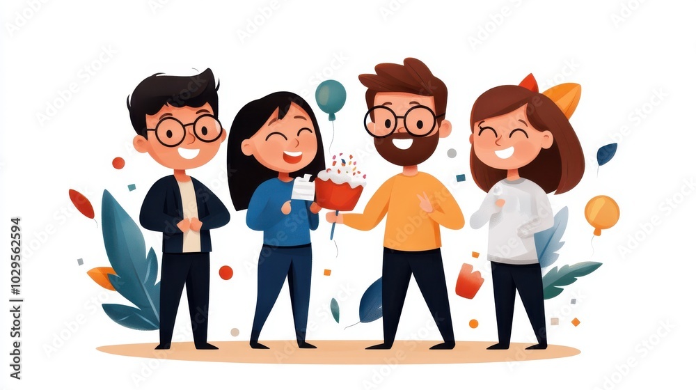 Five people joyfully celebrate with a cake, surrounded by balloons and confetti, symbolizing happiness and togetherness in a colorful, lively setting. Five people joyfully celebrate with a cake, surrounded by balloons and confetti, symbolizing happiness and togetherness in a colorful, lively setting.