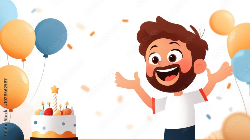 A delighted boy celebrates with open arms, surrounded by orange and blue balloons, with a star-topped cake, representing joy and excitement. A delighted boy celebrates with open arms, surrounded by orange and blue balloons, with a star-topped cake, representing joy and excitement.