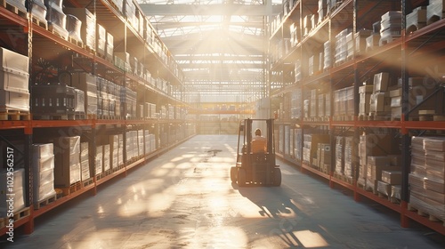 Large warehouse with lots of goods on racks and a forklift. Rows of shelves with boxes. Logistics. Inventory control, order fulfillment or space optimization. Design for advertising or presentation.