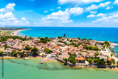 Fototapeta Naklejka Na Ścianę i Meble -  Aerial top drone view of ancient Side town, Antalya Province in Turkey