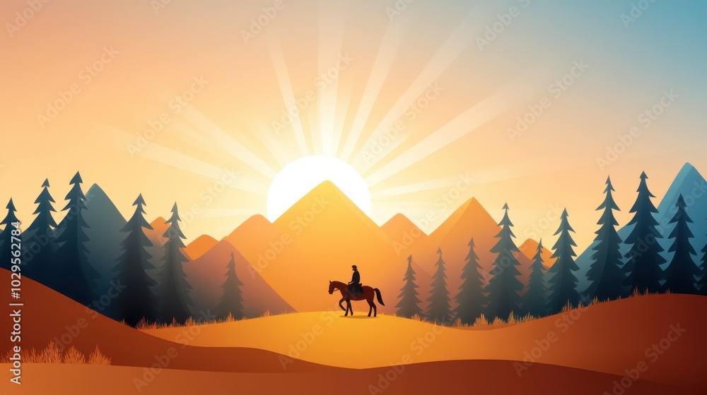 A mysterious rider on horseback journeys through a glowing landscape, bathed in the warm rays of the ascending sun, amidst tall coniferous trees and mountains. A mysterious rider on horseback journeys through a glowing landscape, bathed in the warm rays of the ascending sun, amidst tall coniferous trees and mountains.
