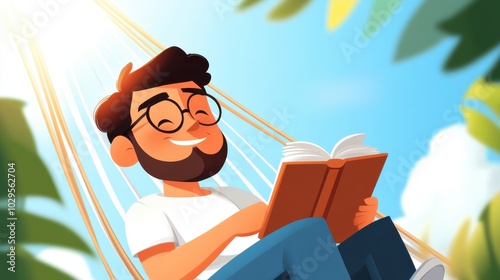 A content bearded man wearing glasses reads a book while resting in a hammock on a sunny day, depicted with bright colors and a peaceful setting of green leaves.