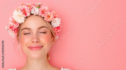 Smiling Woman with Floral Headband, Eyes Closed, Joyful Expression, Minimalistic Studio, Pink Background, Soft and Bright, Natural Beauty, Fresh and Playful Aesthetic, Copy Space