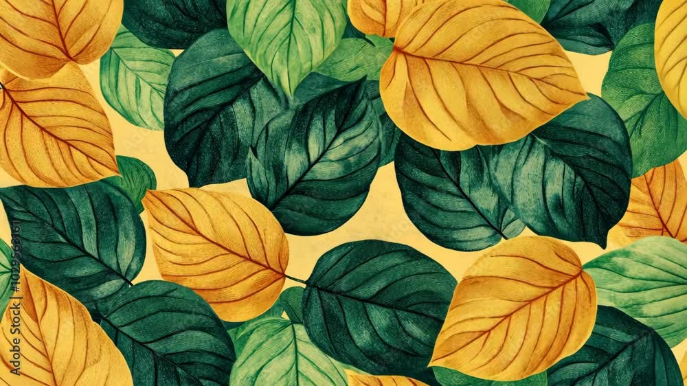 Green and yellow leaves are arranged in a pattern, creating a vibrant botanical illustration Green and yellow leaves are arranged in a pattern, creating a vibrant botanical illustration