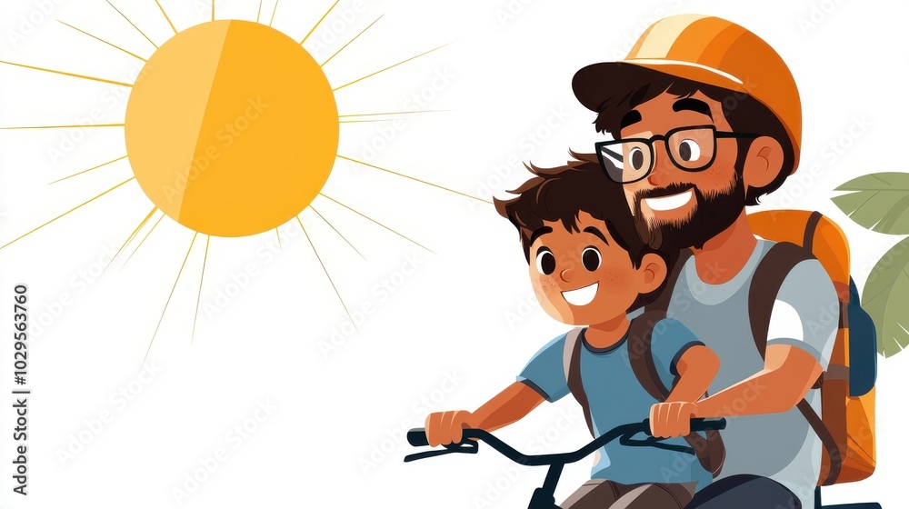 A cheerful father and child, captured on a sunny day, are enjoying a bicycle ride. With content faces, they share a special connection and carefree adventure. A cheerful father and child, captured on a sunny day, are enjoying a bicycle ride. With content faces, they share a special connection and carefree adventure.
