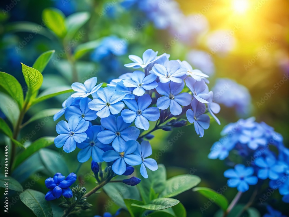 Serene Blue Flowers Among Lush Green Leaves in a Minimalist Garden Setting Serene Blue Flowers Among Lush Green Leaves in a Minimalist Garden Setting