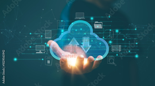 Cloud computing technology concept, Man holding cloud computing network icon and connection data information icon in hand, Data storage. Networking and internet service, Wireless technology.