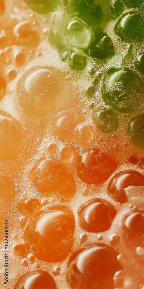 Close-up of orange and green boba pearls in sweet drink Close-up of orange and green boba pearls in sweet drink