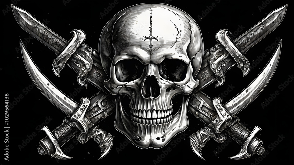 Fototapeta premium Two Crossed Swords and Skulls: A Sketch of Classic Pirate Emblems Symbolizing Danger and Rebellion generative ai