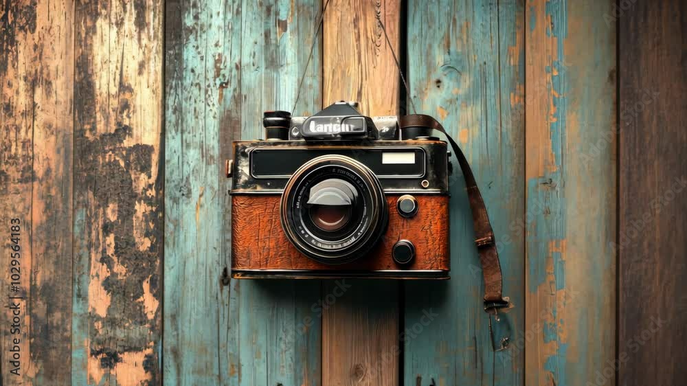 An old camera hangs on a weathered wooden wall An old camera hangs on a weathered wooden wall