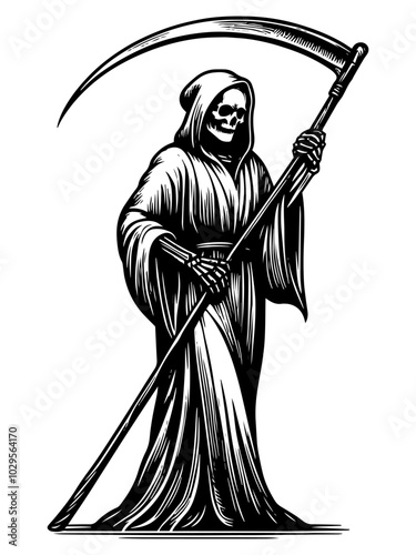 Grim Reaper Illustration in Black and White. Generative ai.