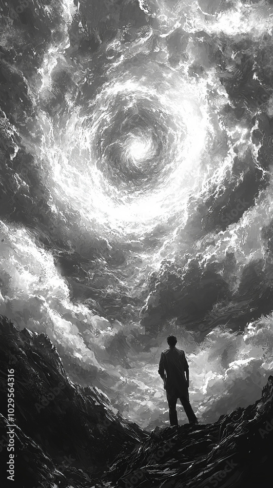 Black-and-white scene of a lone figure standing beneath a swirling, cloud-filled sky, contemplative and atmospheric. Black-and-white scene of a lone figure standing beneath a swirling, cloud-filled sky, contemplative and atmospheric.