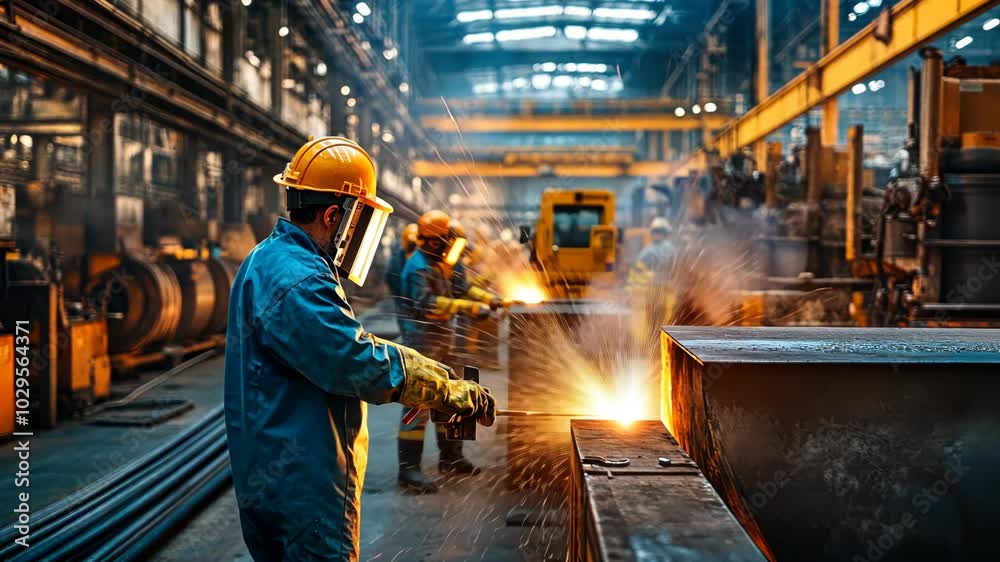 Industrial Workers Welding Metal in a Factory Industrial Workers Welding Metal in a Factory