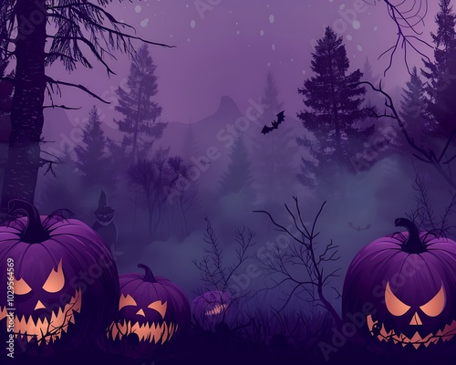 Halloween night with pumpkins, dark trees, fog, purple theme, large top left copy space, detailed vector art, spooky. photo