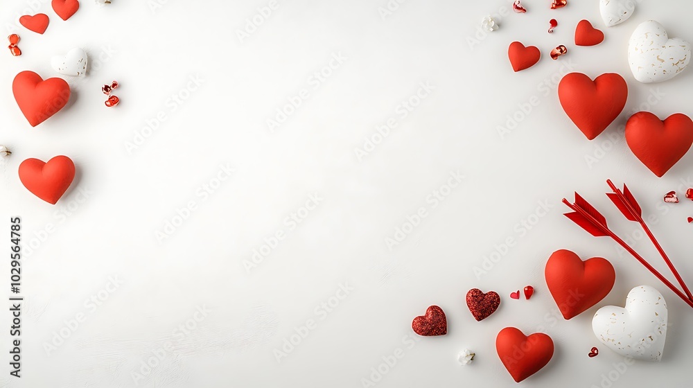 A whimsical flat lay of Cupid’s arrow and heart-themed decorations, arranged with a clear space for Valentine’s Day messages. A whimsical flat lay of Cupid’s arrow and heart-themed decorations, arranged with a clear space for Valentine’s Day messages.