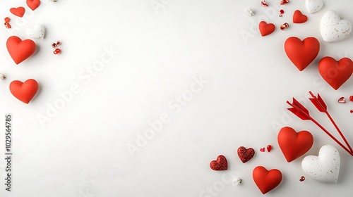 A whimsical flat lay of Cupid’s arrow and heart-themed decorations, arranged with a clear space for Valentine’s Day messages.