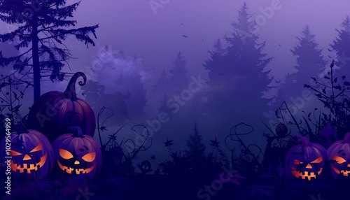 Halloween night with pumpkins, dark trees, fog, purple theme, large top left copy space, detailed vector art, spooky foliage. photo