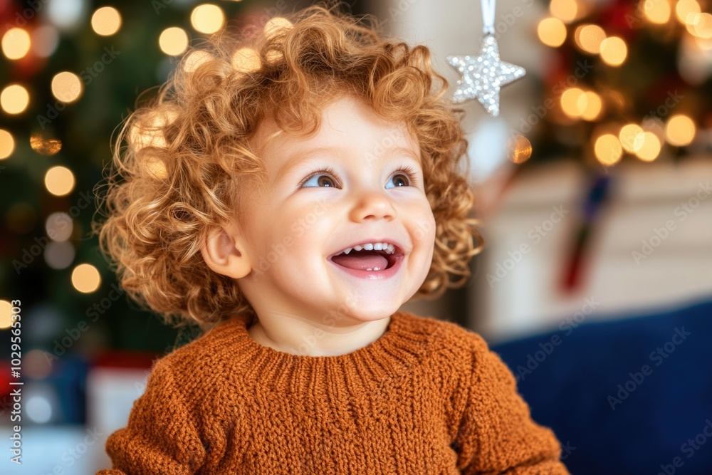 Joyful toddler with curly hair gazing at christmas decorations Joyful toddler with curly hair gazing at christmas decorations
