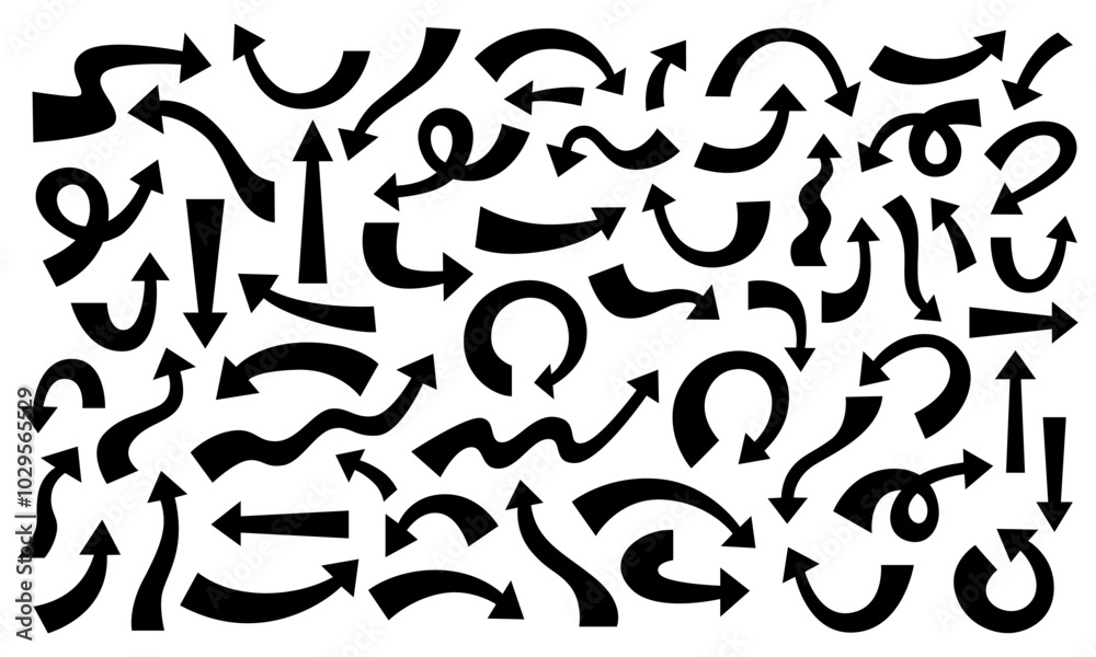 Set of black arrows with tapered tip and wide base of different shapes and sizes with clear, neat, even edges in doodle style. Vector illustration on white isolated background.