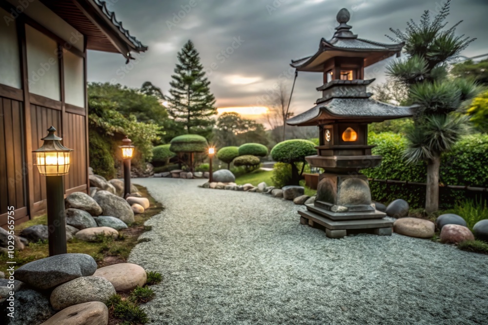 Obraz premium Serene Japanese Zen Garden Pathway with Stone Lanterns and Pagoda at Dusk for Tranquil Spaces
