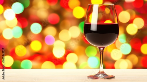 Festive glass of red wine with colorful bokeh lights for celebrations