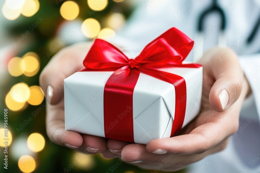 Doctor holding gift box with red bow in front of holiday lights Doctor holding gift box with red bow in front of holiday lights