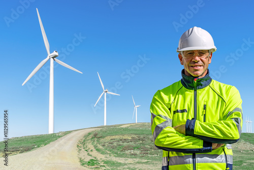 Technician in a wind farm with wind turbines. Renewable energy and sustainability. PPE for safety at work.