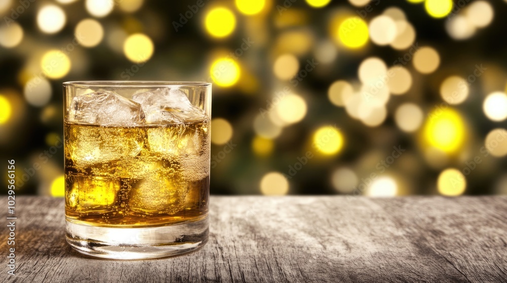 Whiskey on the rocks with festive bokeh lights in the background
