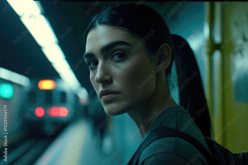 Woman waiting in subway station with approaching train in background Woman waiting in subway station with approaching train in background