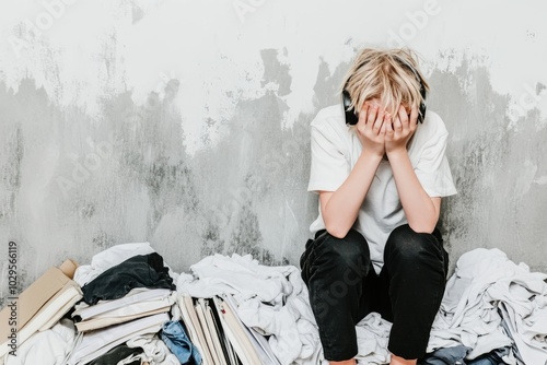 Stressed teenager with headphones sitting amidst piles of dirty laundry and books photo