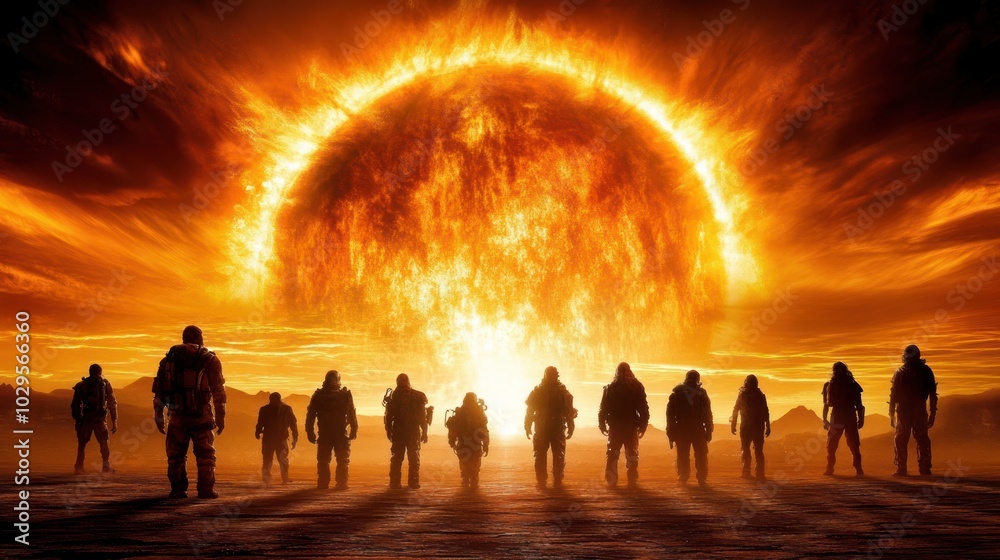 Silhouetted Figures Facing a Fiery Celestial Event