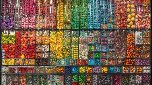 A Colorful Wall of Candy and Sweets in Clear Plastic Containers