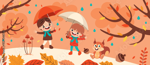 Autumn Illustration With Cartoon Kids