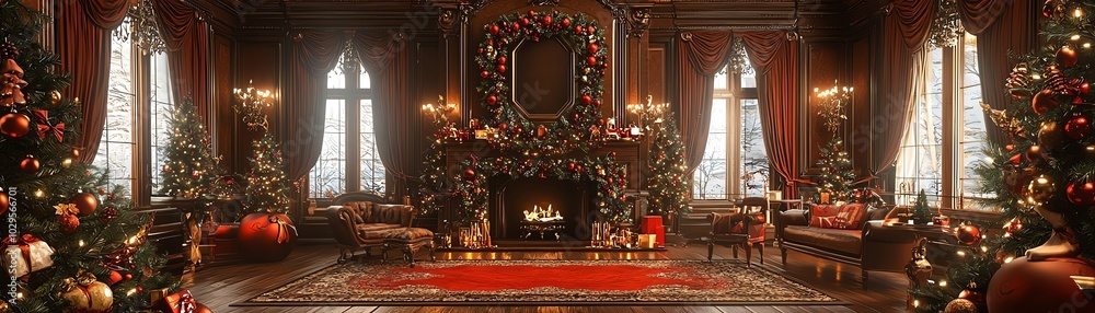 A beautifully decorated Christmas living room with a warm fireplace, adorned trees, and festive ornaments, creating a cozy holiday atmosphere. A beautifully decorated Christmas living room with a warm fireplace, adorned trees, and festive ornaments, creating a cozy holiday atmosphere.