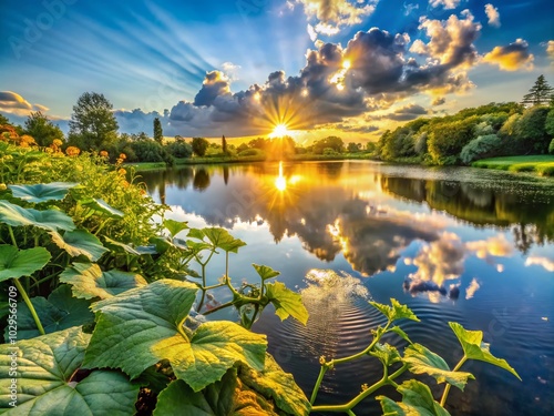 Serene Morning Lake with Sun Rays and Cucumber Plant Disease in the Garden photo