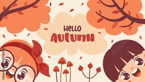Autumn Illustration With Cartoon Kids