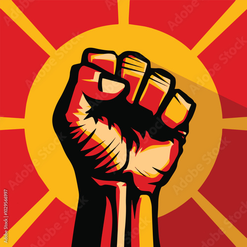 Revolution hand with a clenched fist, 80's retro vintage poster style. Fist raised in the air, symbolizing strength and protest. Ideal for activism and motivational designs.