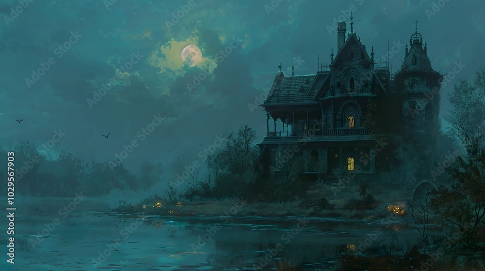 Obraz premium A haunted house surrounded by pumpkins and fog under the moonlight,...