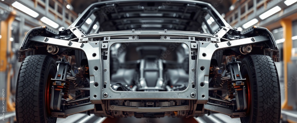 Fototapeta premium An intricate view of automotive production highlighting the assembly of a car's frame and body, showcasing its complex metal structure and chassis components, created with generative AI.
