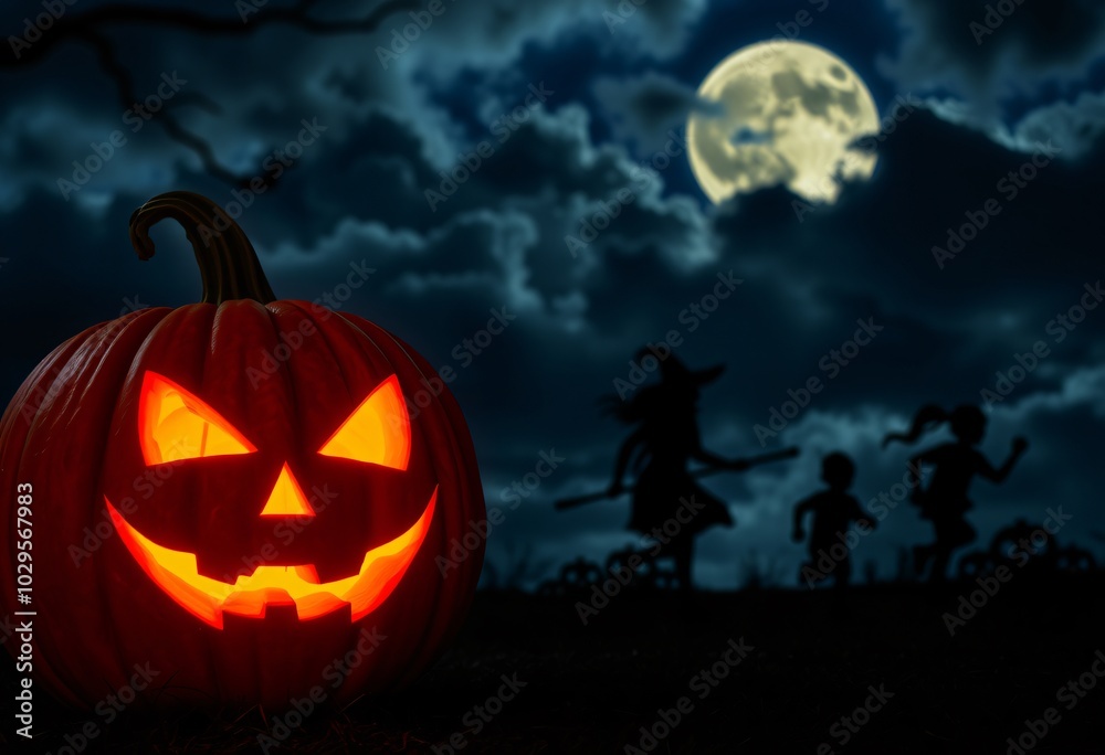 A captivating scene featuring a glowing jack-o-lantern in the foreground, silhouetted figures of a witch and two children against a dramatic night sky, created with generative AI. A captivating scene featuring a glowing jack-o-lantern in the foreground, silhouetted figures of a witch and two children against a dramatic night sky, created with generative AI.