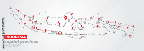 Perspective map of Indonesia with tags of 38 provincial capital city locations