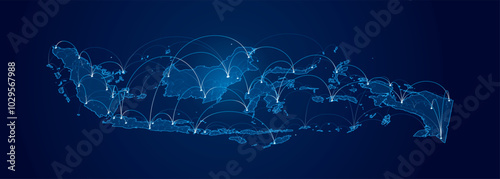 Perspective Indonesia network connection glowing on a blue background. Point and curve line connection map concept. Modern communication connection concept design on blue background
