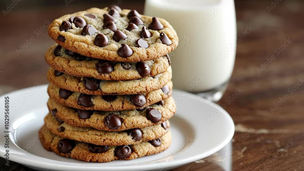 A stack of chocolate chip cookies on a white plate with a glass of milk in the background A stack of chocolate chip cookies on a white plate with a glass of milk in the background