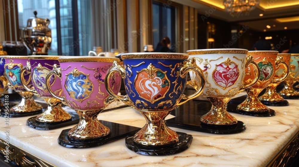Ornate Gold-Trimmed Cups on Marble Surface Ornate Gold-Trimmed Cups on Marble Surface