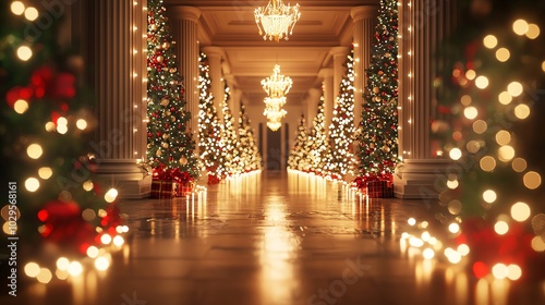 A beautifully decorated hallway adorned with Christmas trees and sparkling lights, creating a warm holiday ambiance.